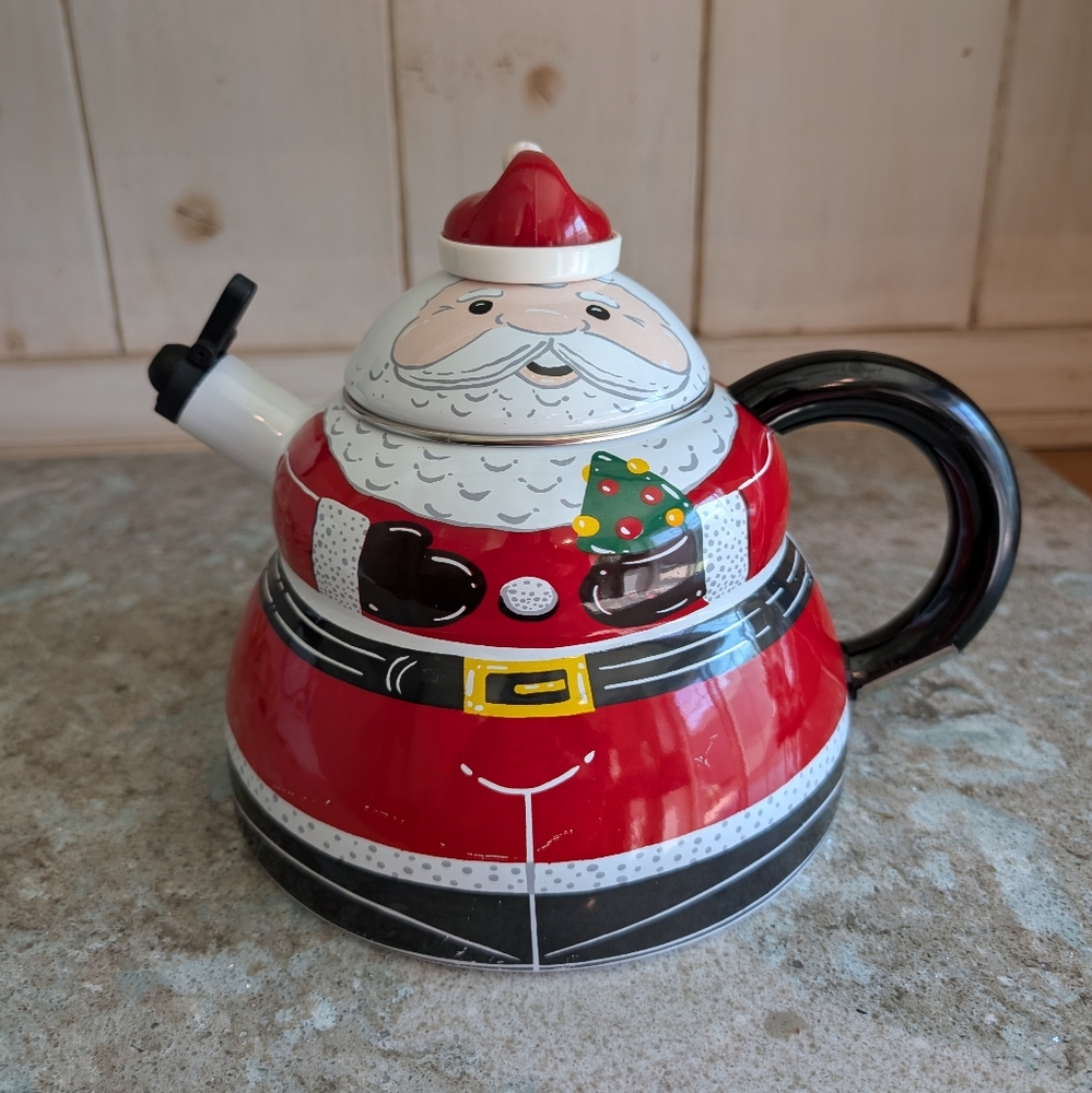Vintage Roshco Christmas Santa Claus Enamel Whistle Tea Pot Kettle Holiday